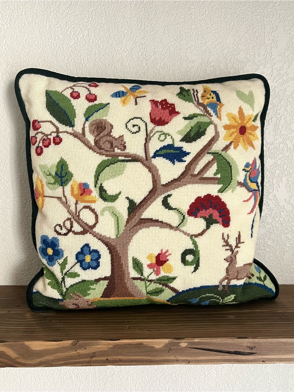 Vintage Needlepoint throw pillow intricate Tree of Life design Jacobean Style